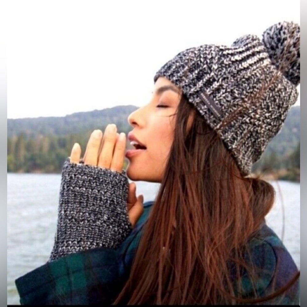 Rebecca Minkoff Black and Gray Knit Beanie and Fingerless Gloves